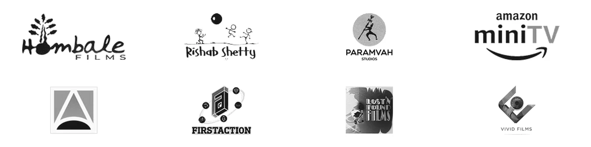 Studios we have worked with: Hombale Films, Rishab Shetty Films, Paramvah Studios, Amazon miniTV, FirstAction, Lost N Found Films and Vivid Films